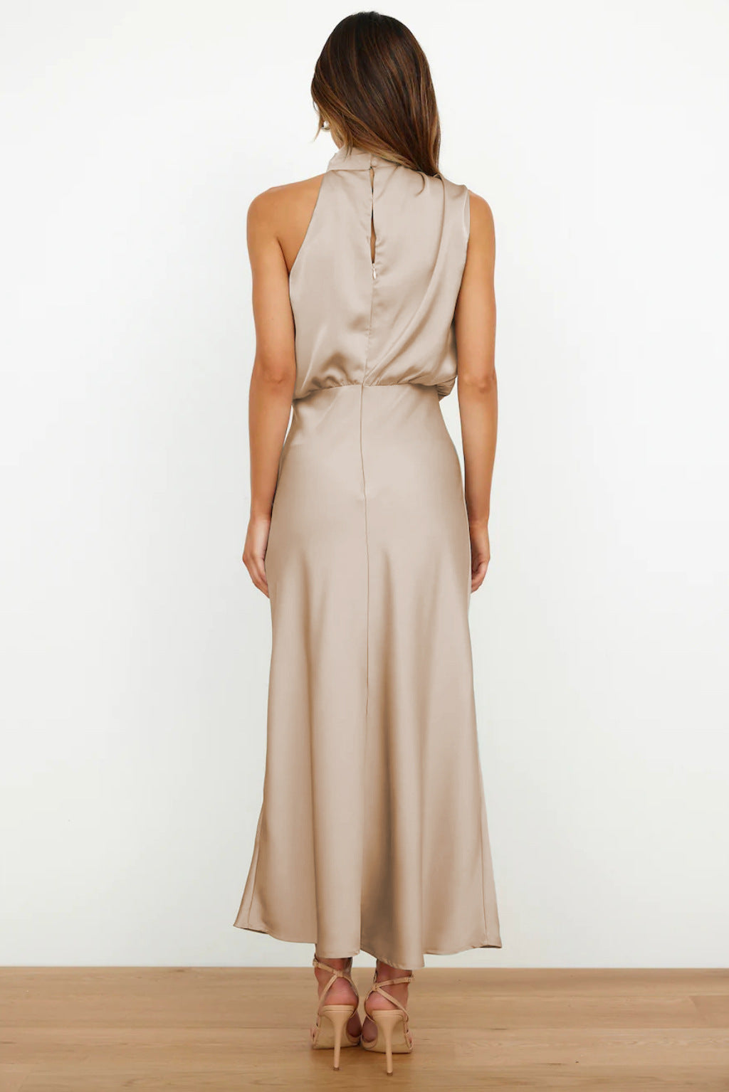 Celeste | Halter Midi Dress with Draped Cowl Neck and Flowy Skirt