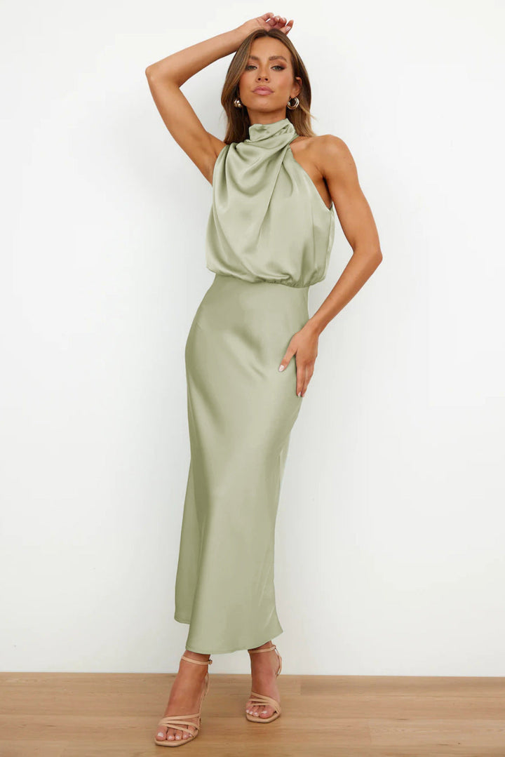 Celeste | Halter Midi Dress with Draped Cowl Neck and Flowy Skirt