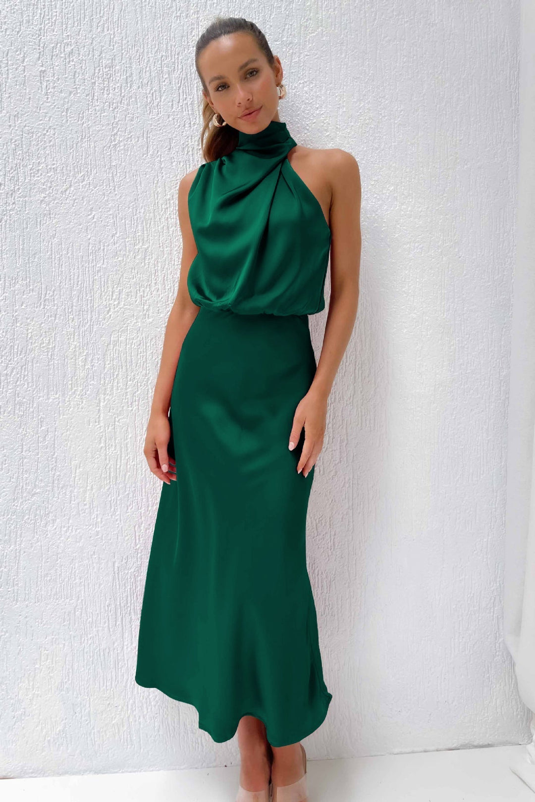 Celeste | Halter Midi Dress with Draped Cowl Neck and Flowy Skirt