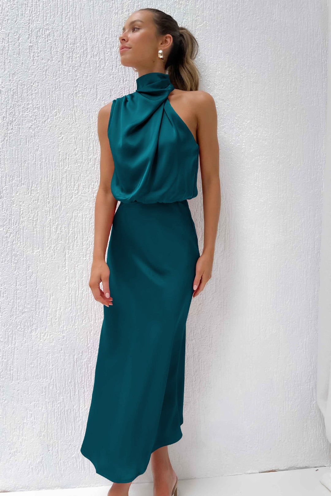 Celeste | Halter Midi Dress with Draped Cowl Neck and Flowy Skirt
