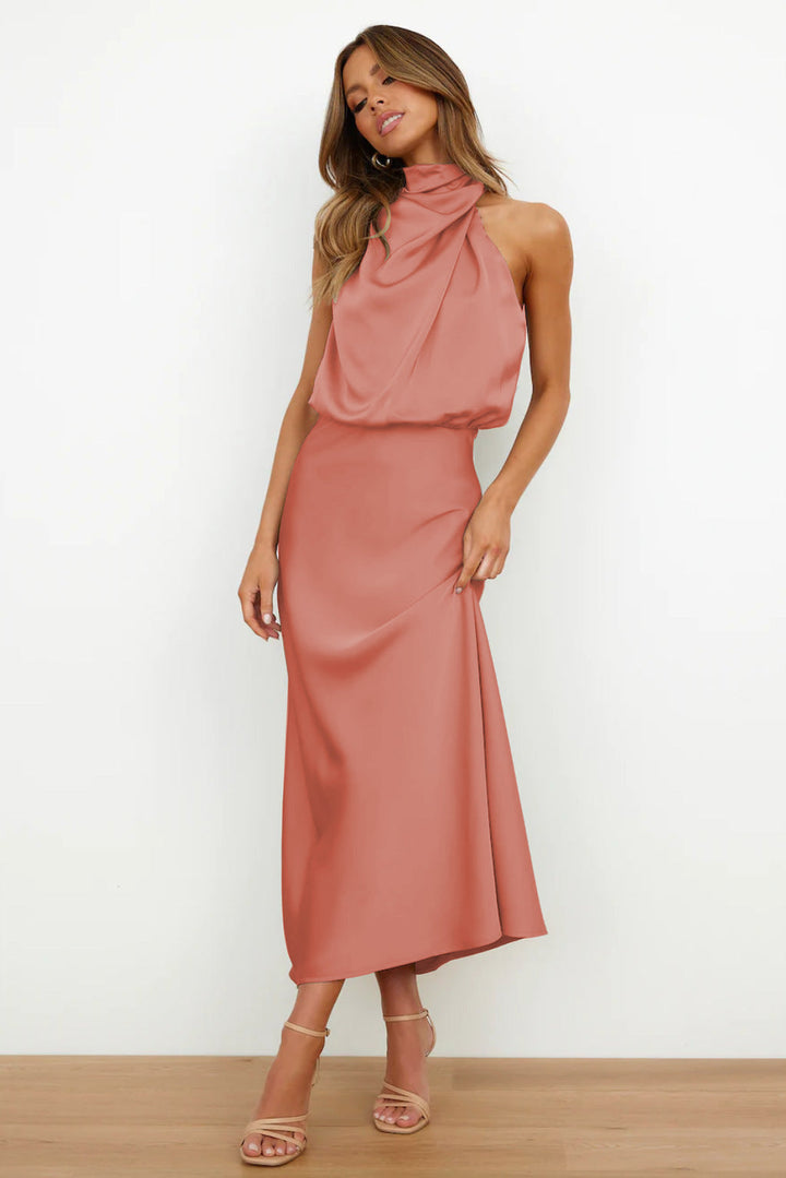 Celeste | Halter Midi Dress with Draped Cowl Neck and Flowy Skirt