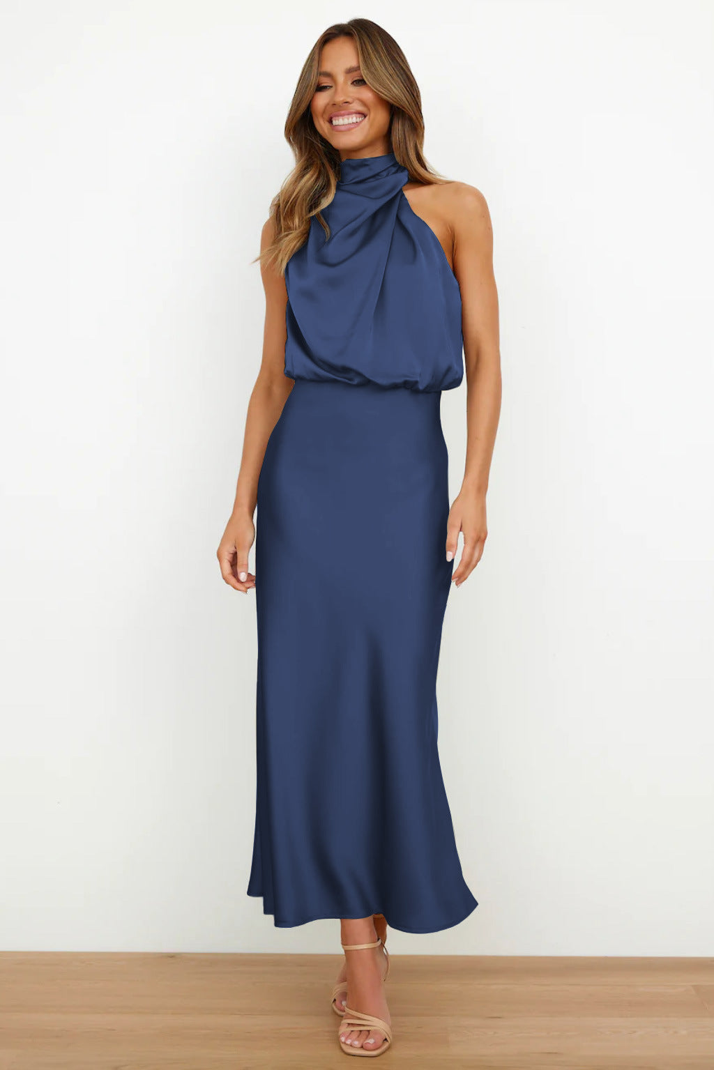 Celeste | Halter Midi Dress with Draped Cowl Neck and Flowy Skirt