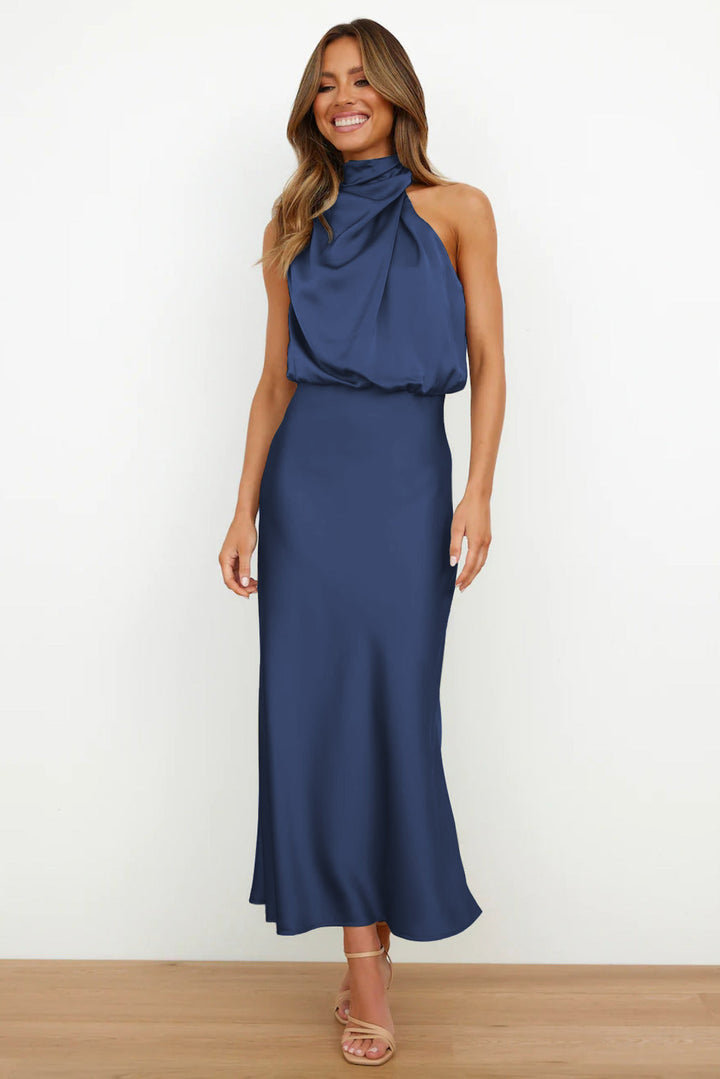 Celeste | Halter Midi Dress with Draped Cowl Neck and Flowy Skirt
