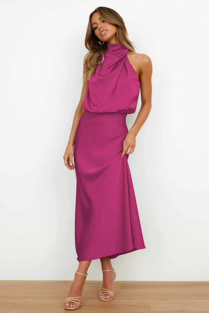Celeste | Halter Midi Dress with Draped Cowl Neck and Flowy Skirt