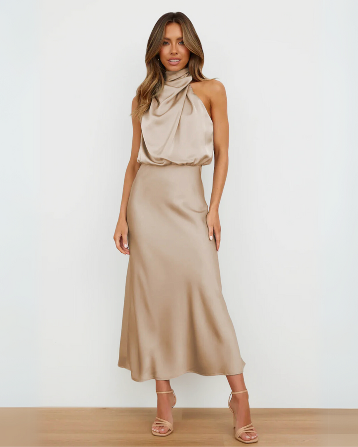 Celeste | Halter Midi Dress with Draped Cowl Neck and Flowy Skirt