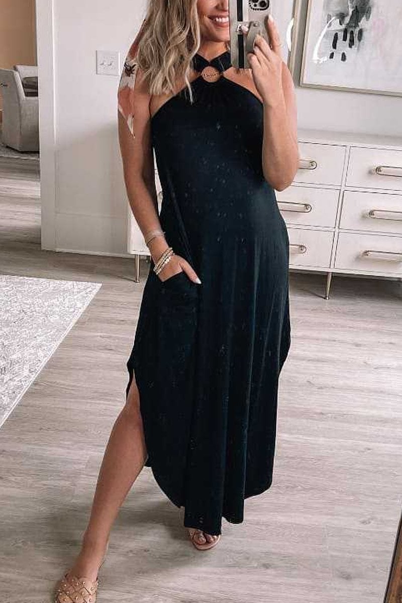 Celeste | Solid Halter Maxi Sundress with Twisted Neck and Side Pockets