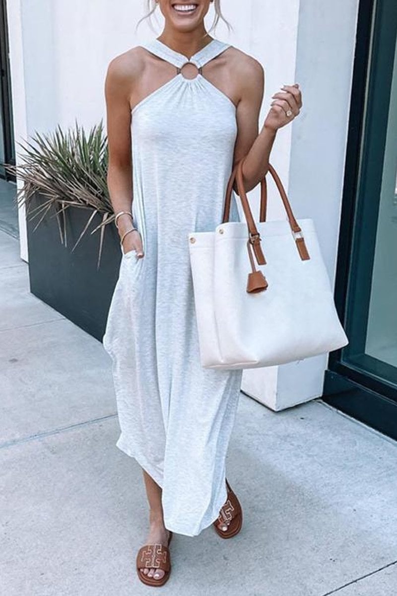 Celeste | Solid Halter Maxi Sundress with Twisted Neck and Side Pockets
