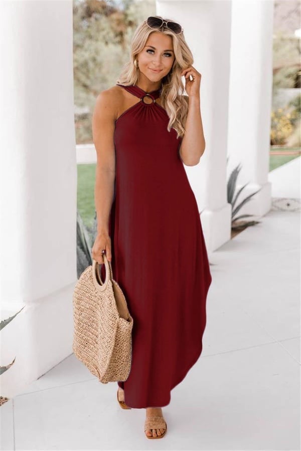 Celeste | Solid Halter Maxi Sundress with Twisted Neck and Side Pockets