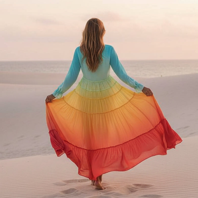 Celestine | Boho Maxi Dress with Ombre Tiered Skirt and Long Sleeves
