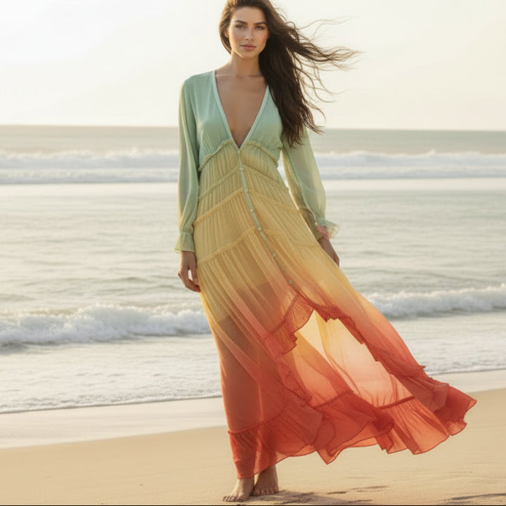 Celestine | Boho Maxi Dress with Ombre Tiered Skirt and Long Sleeves