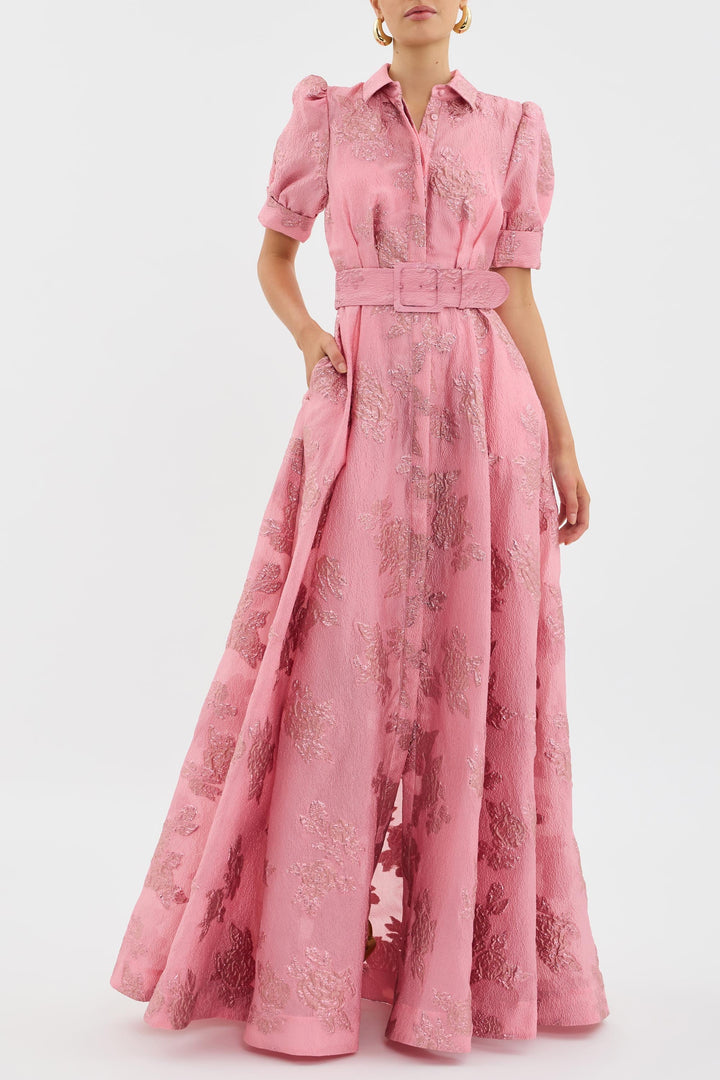 Celestine | Jacquard Floral Maxi Dress with Puff Sleeves and Wide Belt