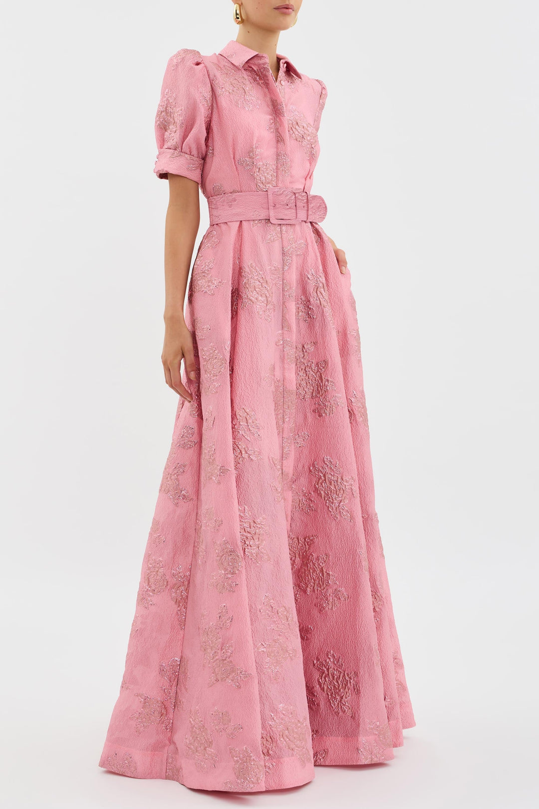 Celestine | Jacquard Floral Maxi Dress with Puff Sleeves and Wide Belt