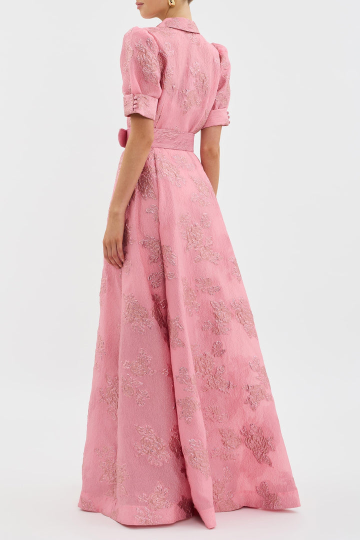 Celestine | Jacquard Floral Maxi Dress with Puff Sleeves and Wide Belt