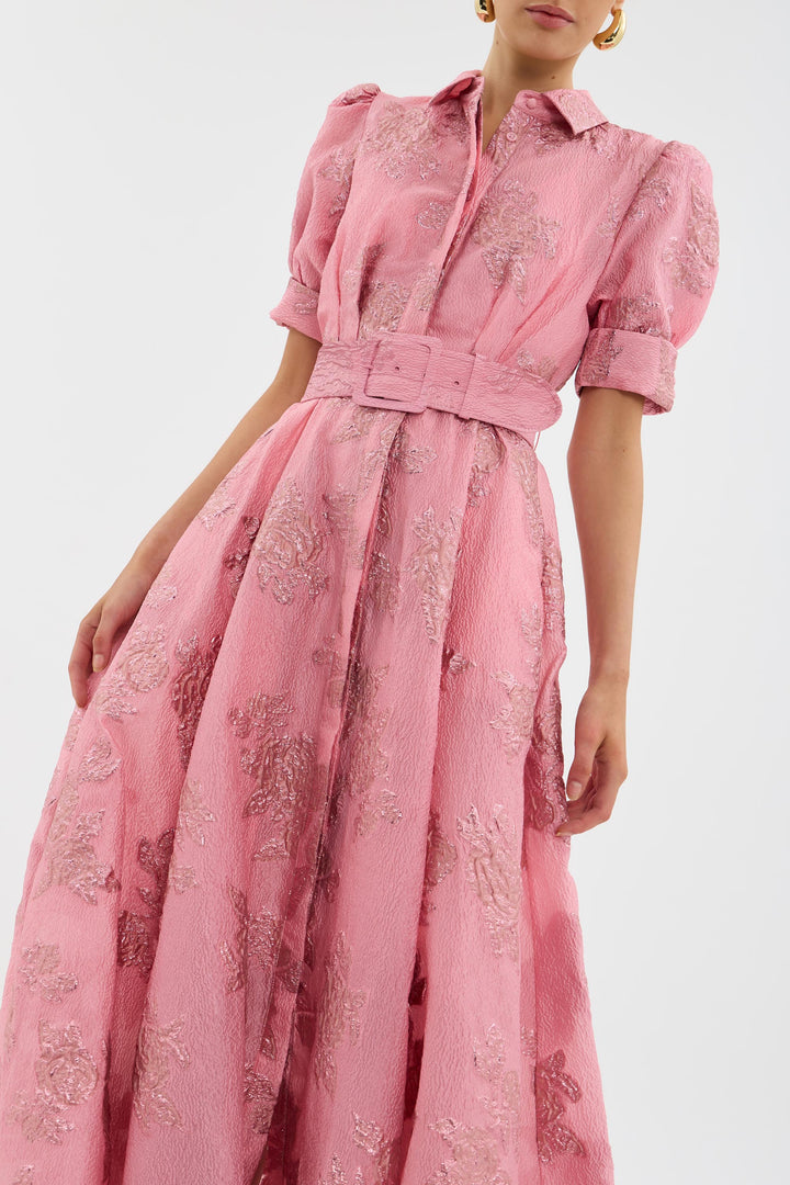 Celestine | Jacquard Floral Maxi Dress with Puff Sleeves and Wide Belt