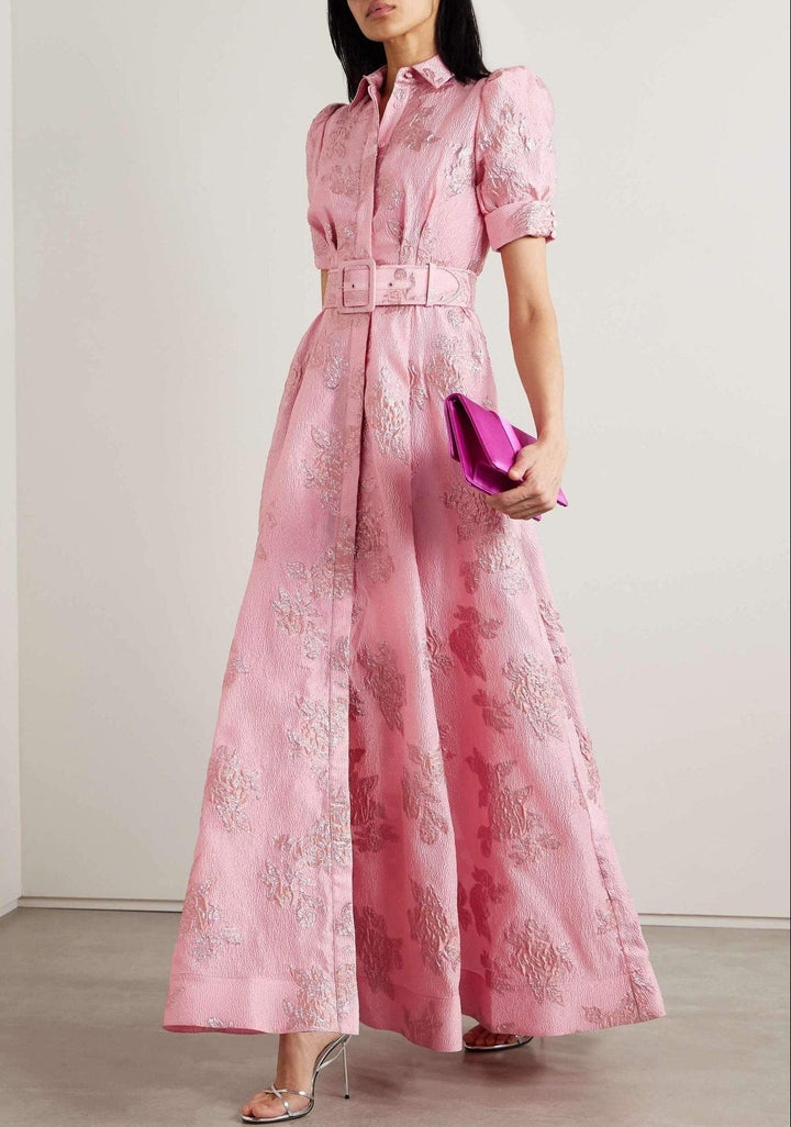 Celestine | Jacquard Floral Maxi Dress with Puff Sleeves and Wide Belt