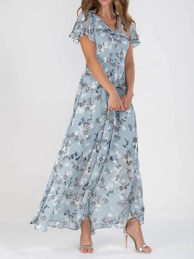 Christine | Floral Maxi Sundress with V Neck and Flutter Sleeves