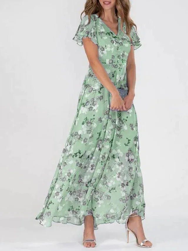 Christine | Floral Maxi Sundress with V Neck and Flutter Sleeves