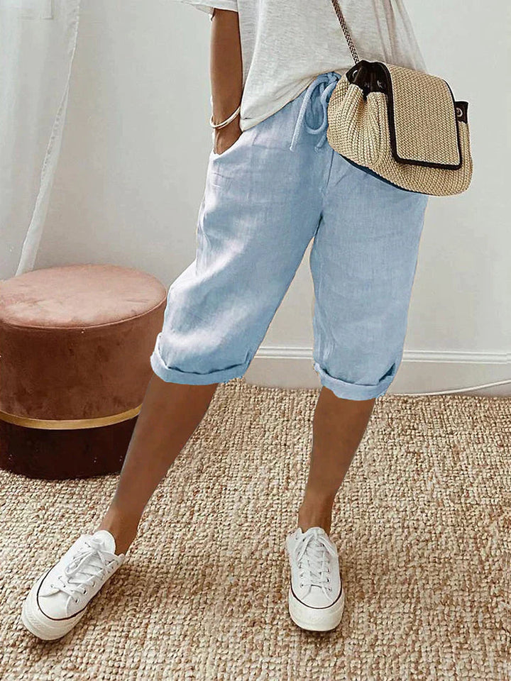 Claire | Solid Bermuda Shorts with Drawstring Waist and Rolled Hem