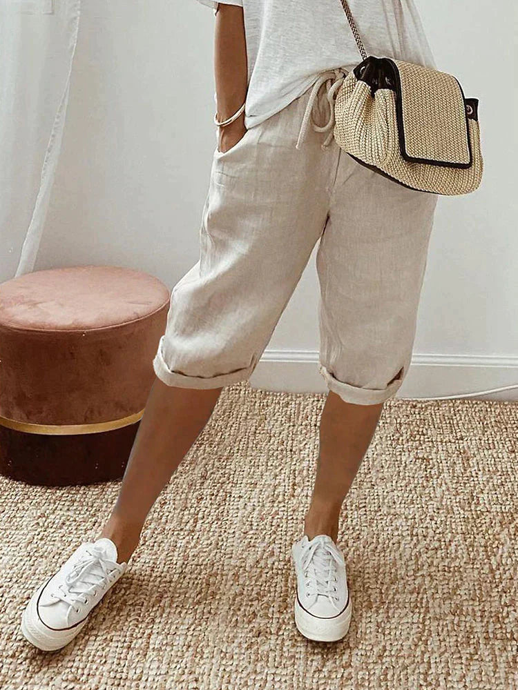 Claire | Solid Bermuda Shorts with Drawstring Waist and Rolled Hem