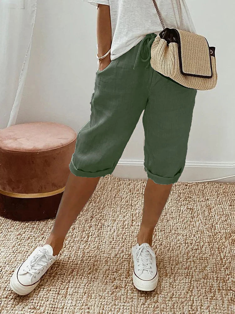 Claire | Solid Bermuda Shorts with Drawstring Waist and Rolled Hem