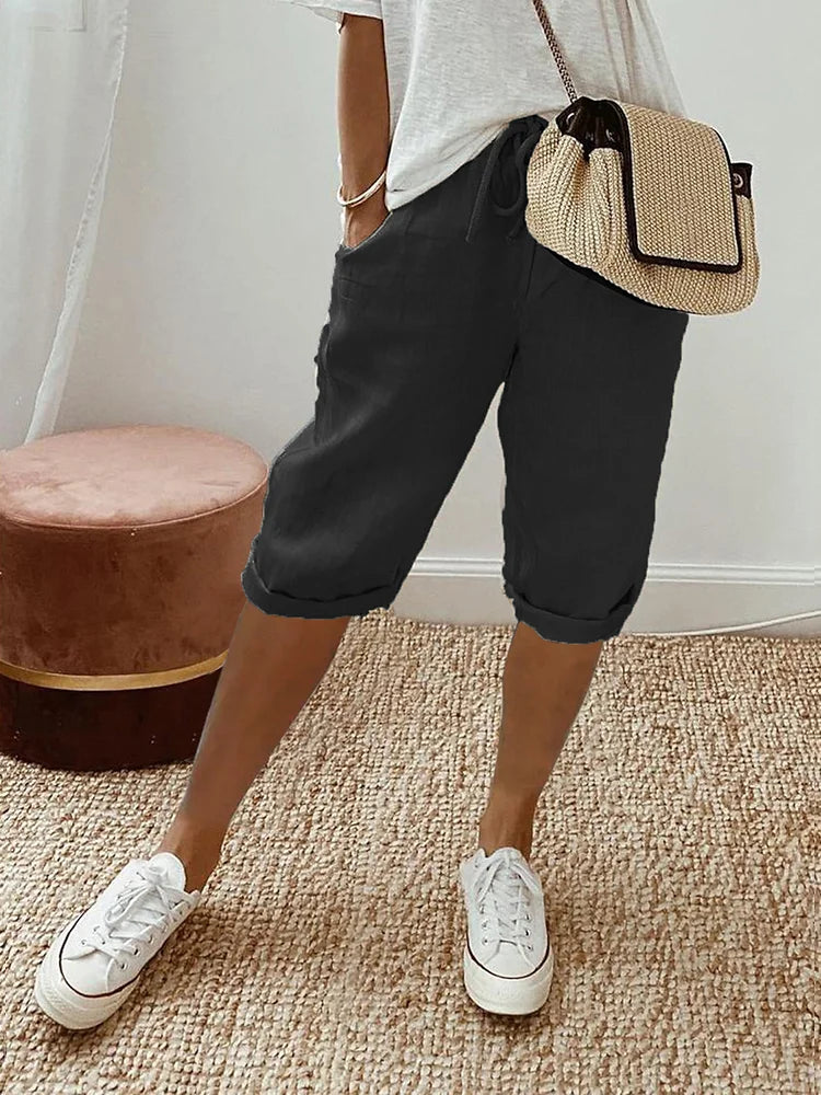 Claire | Solid Bermuda Shorts with Drawstring Waist and Rolled Hem