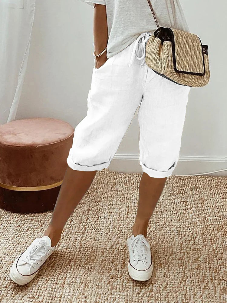 Claire | Solid Bermuda Shorts with Drawstring Waist and Rolled Hem