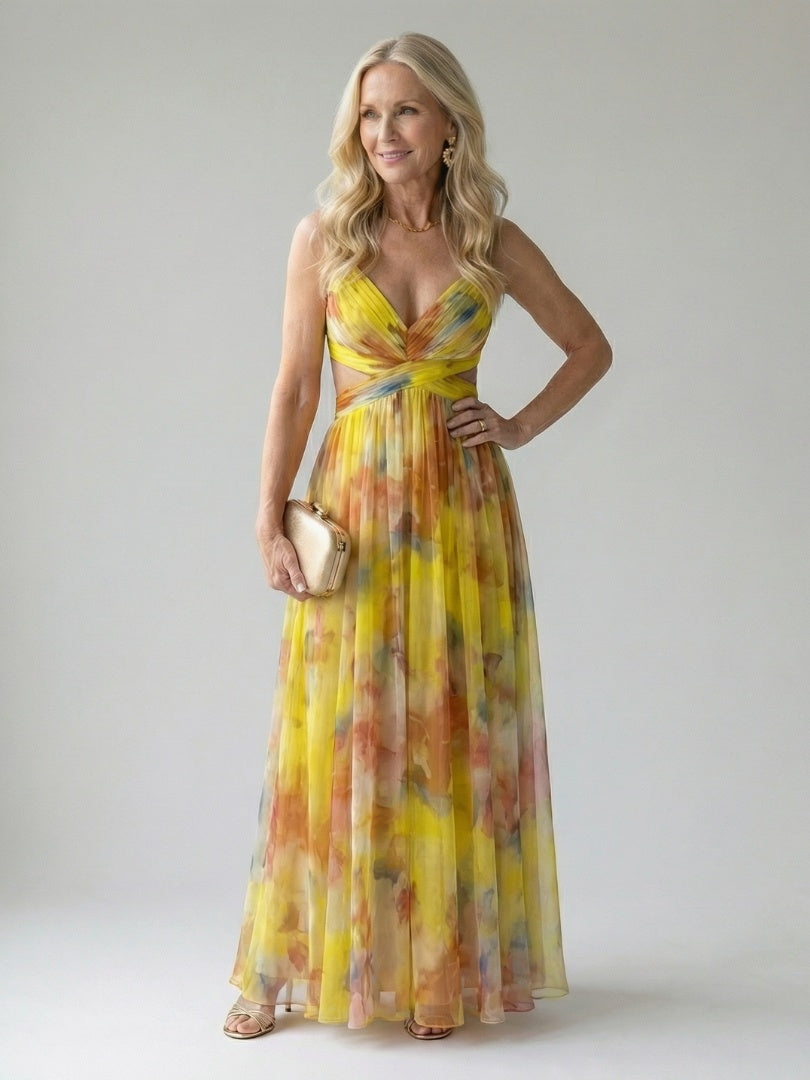 Clarissa | Watercolor Floral Maxi Dress with Deep V Neck and Defined Waist