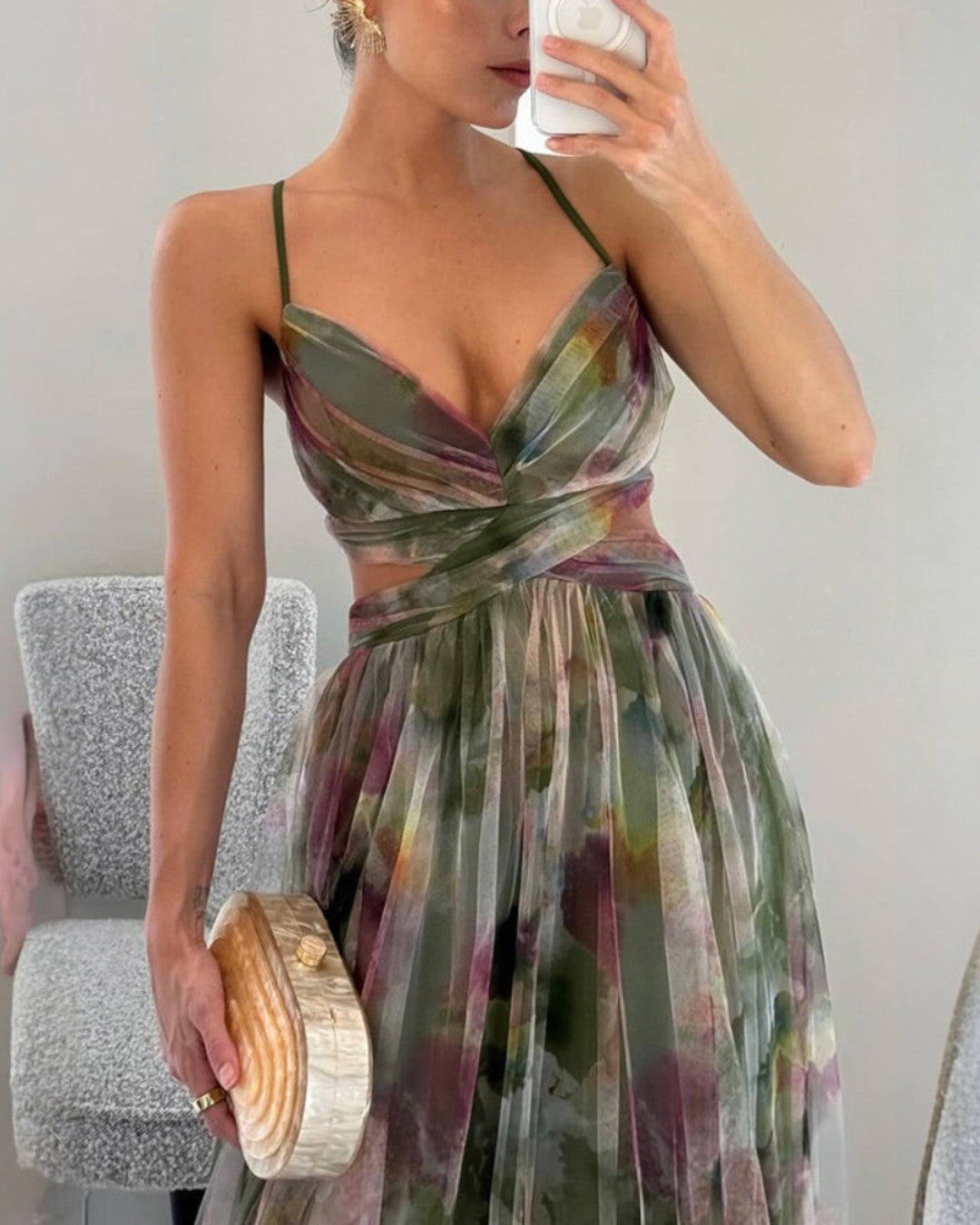 Clarissa | Watercolor Floral Maxi Dress with Deep V Neck and Defined Waist