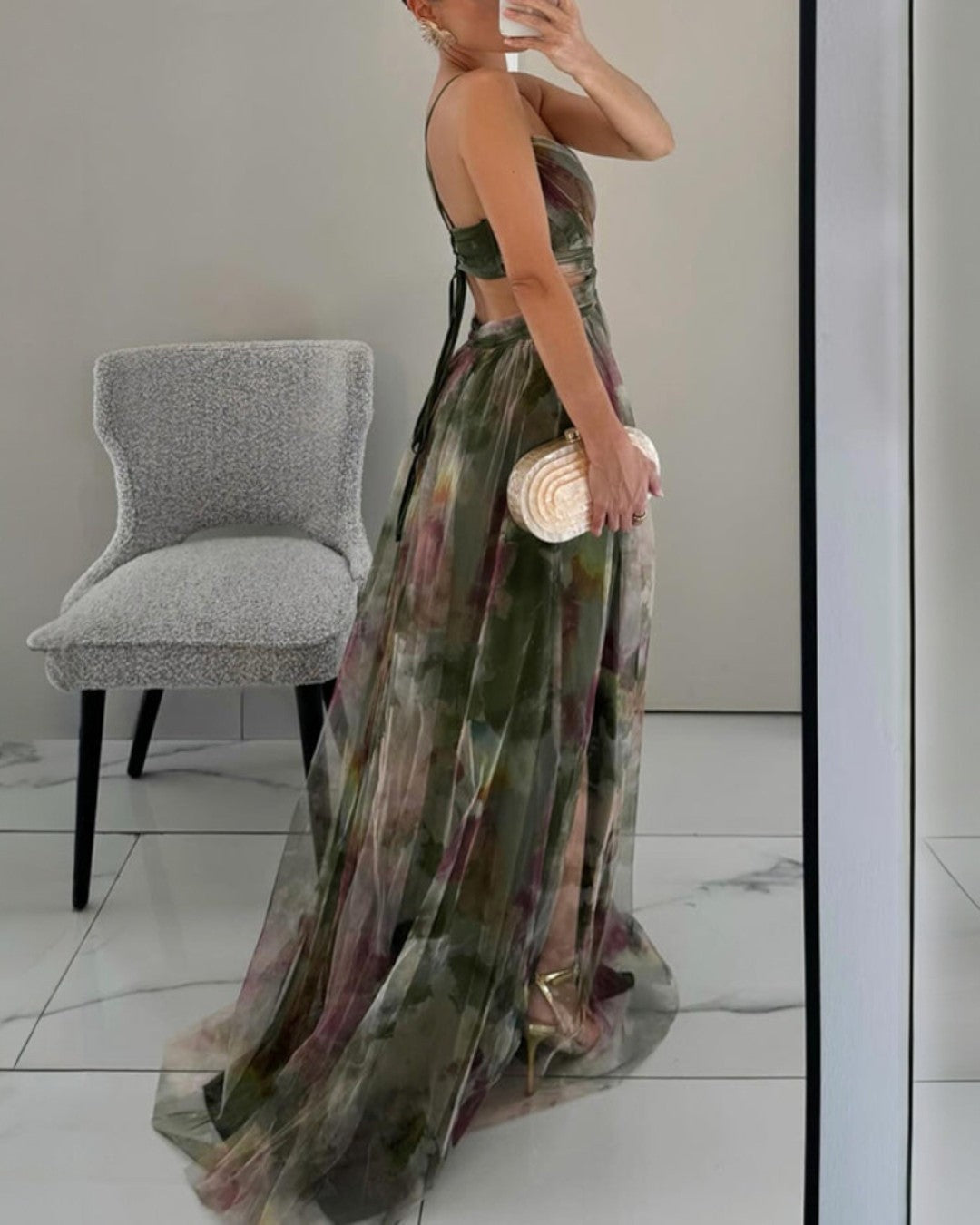 Clarissa | Watercolor Floral Maxi Dress with Deep V Neck and Defined Waist