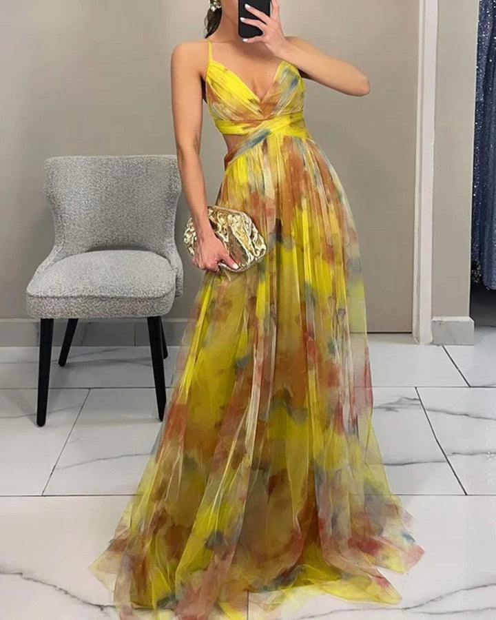 Clarissa | Watercolor Floral Maxi Dress with Deep V Neck and Defined Waist