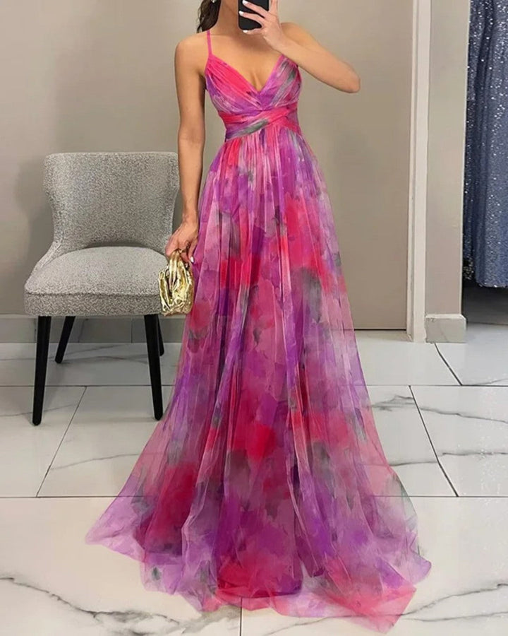 Clarissa | Watercolor Floral Maxi Dress with Deep V Neck and Defined Waist