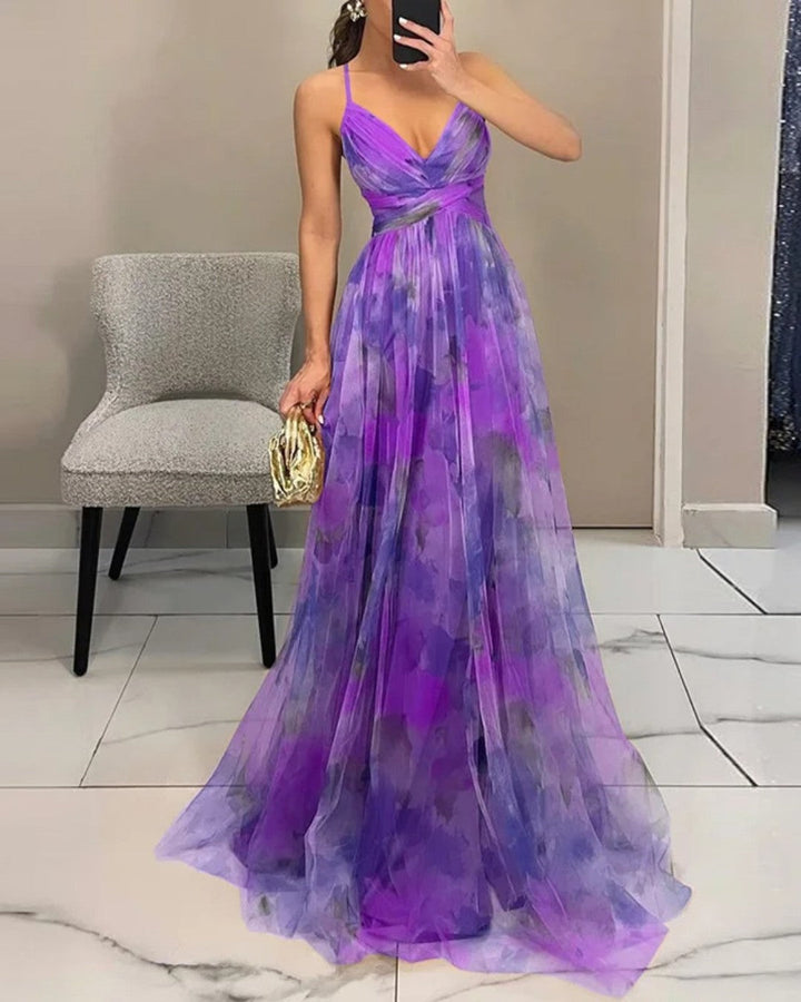 Clarissa | Watercolor Floral Maxi Dress with Deep V Neck and Defined Waist