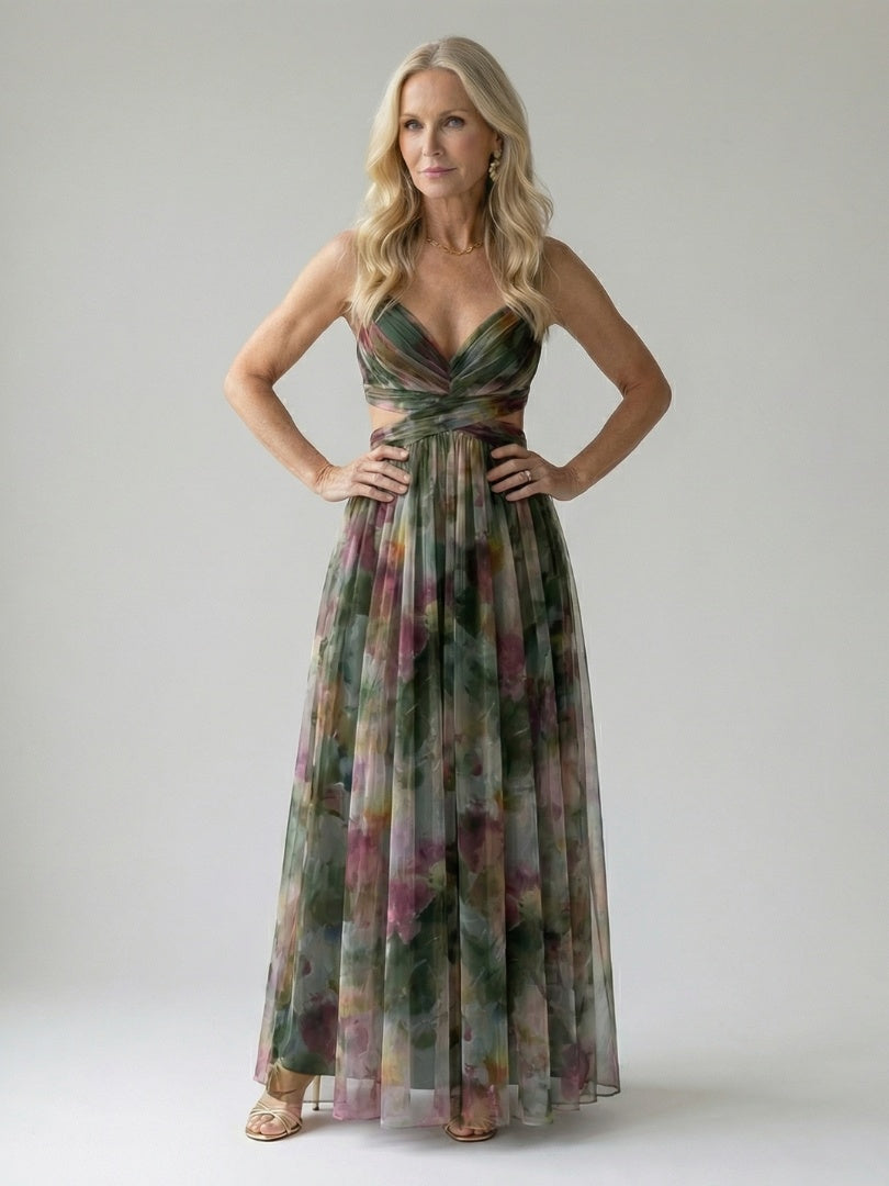 Clarissa | Watercolor Floral Maxi Dress with Deep V Neck and Defined Waist
