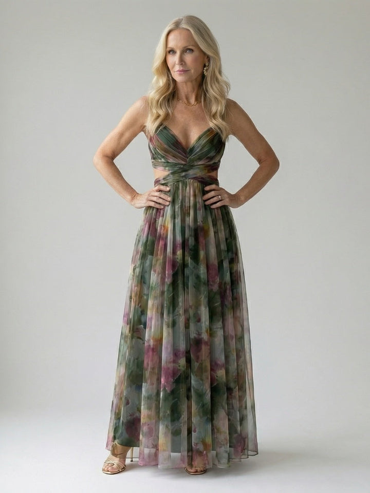 Clarissa | Watercolor Floral Maxi Dress with Deep V Neck and Defined Waist