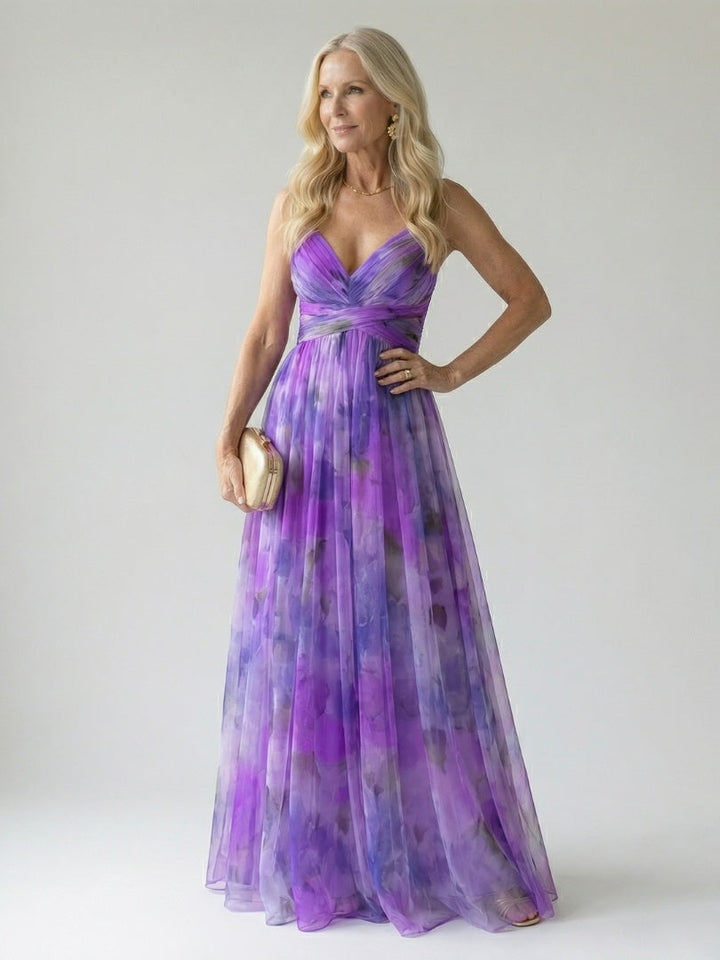 Clarissa | Watercolor Floral Maxi Dress with Deep V Neck and Defined Waist