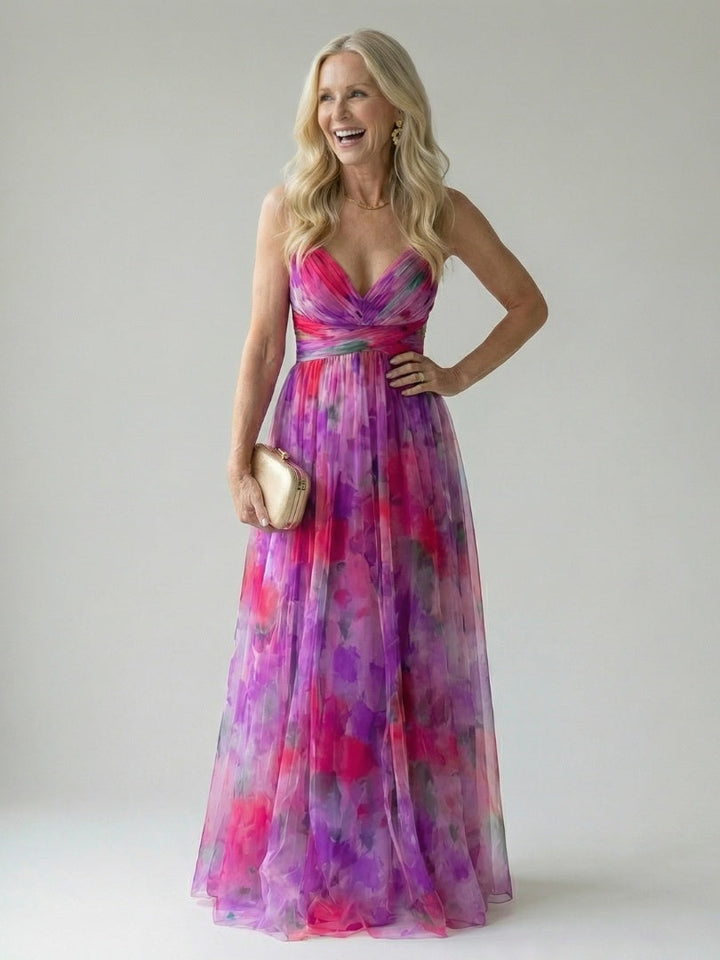 Clarissa | Watercolor Floral Maxi Dress with Deep V Neck and Defined Waist
