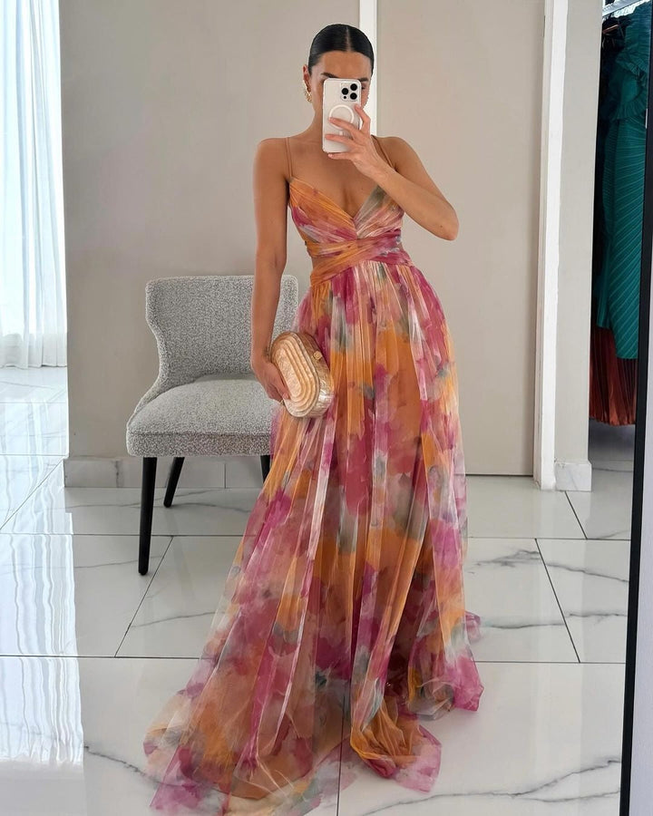 Clarissa | Watercolor Floral Maxi Dress with Deep V Neck and Defined Waist