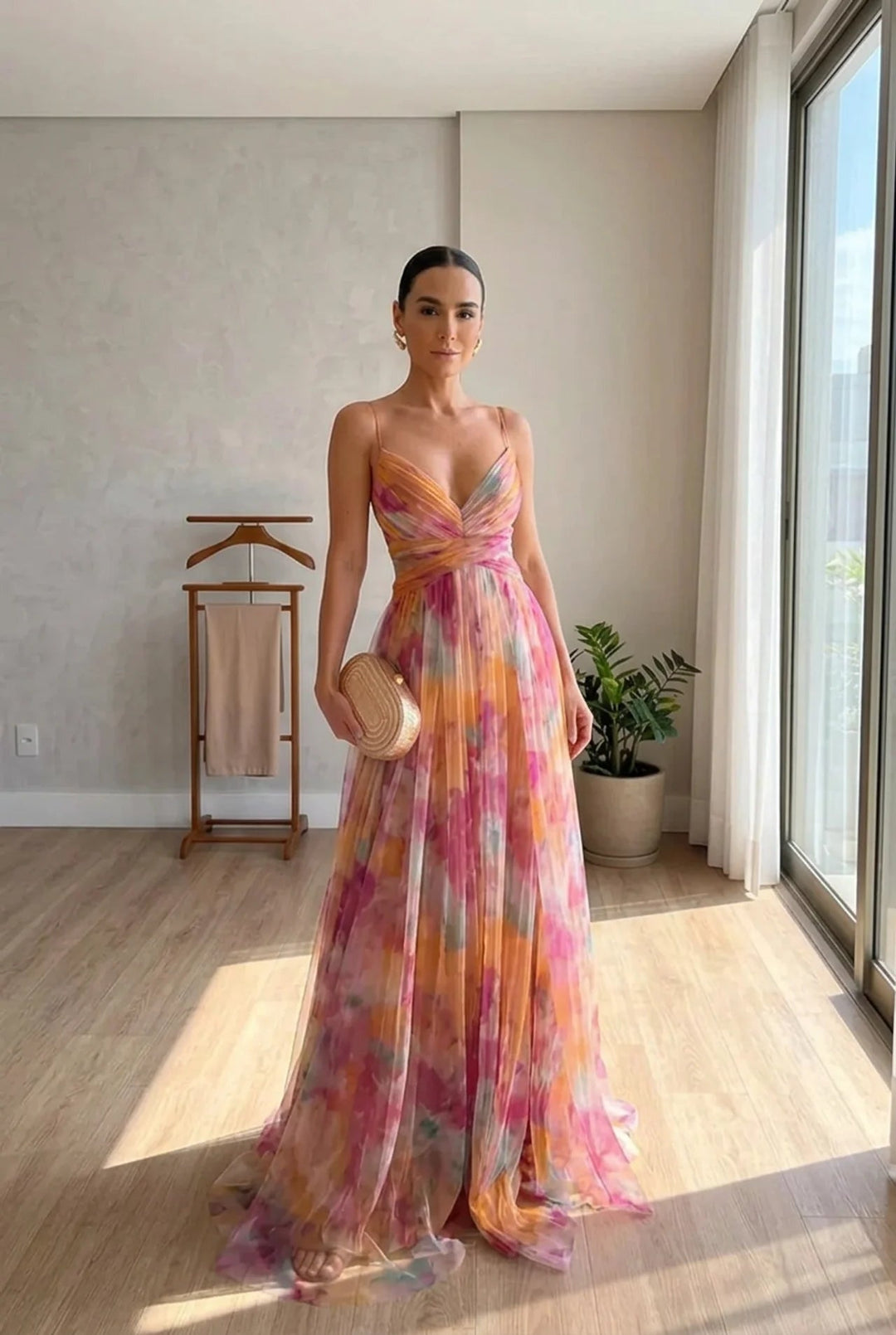 Clarissa | Watercolor Floral Maxi Dress with Deep V Neck and Defined Waist