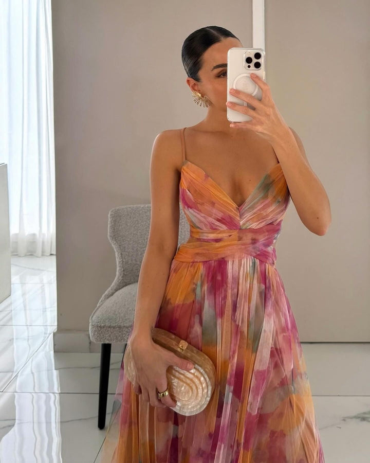 Clarissa | Watercolor Floral Maxi Dress with Deep V Neck and Defined Waist