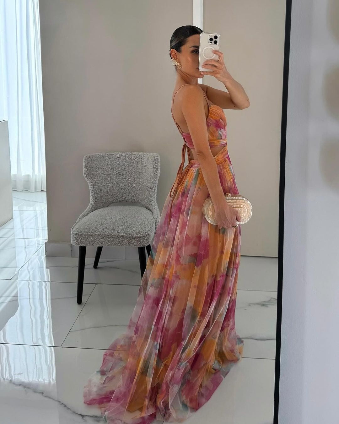 Clarissa | Watercolor Floral Maxi Dress with Deep V Neck and Defined Waist