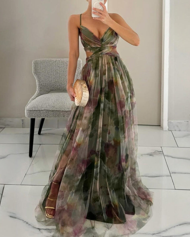 Clarissa | Watercolor Floral Maxi Dress with Deep V Neck and Defined Waist