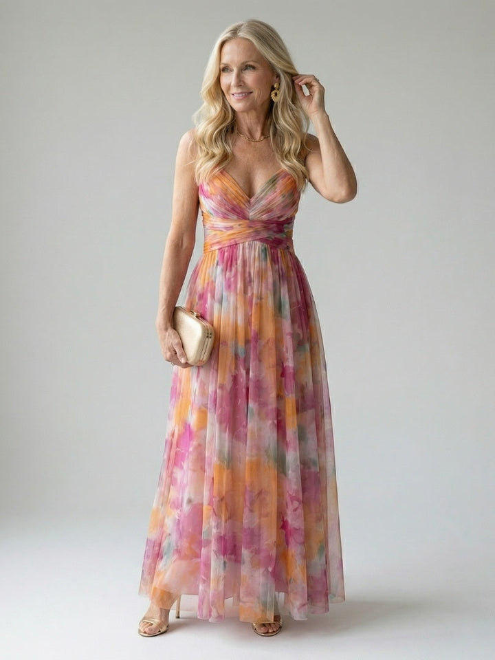Clarissa | Watercolor Floral Maxi Dress with Deep V Neck and Defined Waist