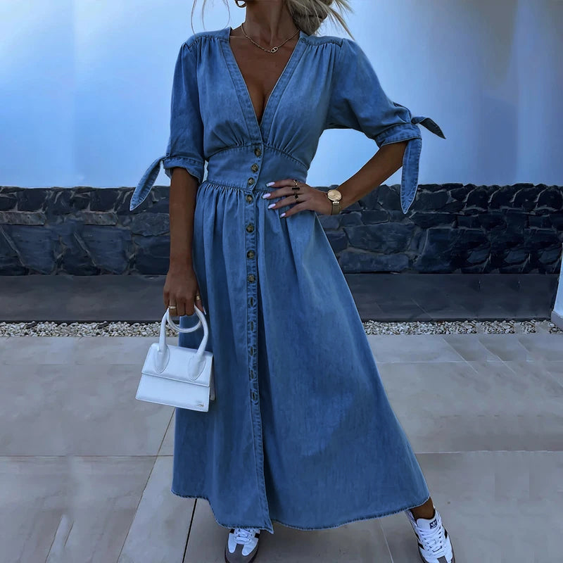Claudia | Denim Maxi Dress with V Neck and Three Quarter Sleeves