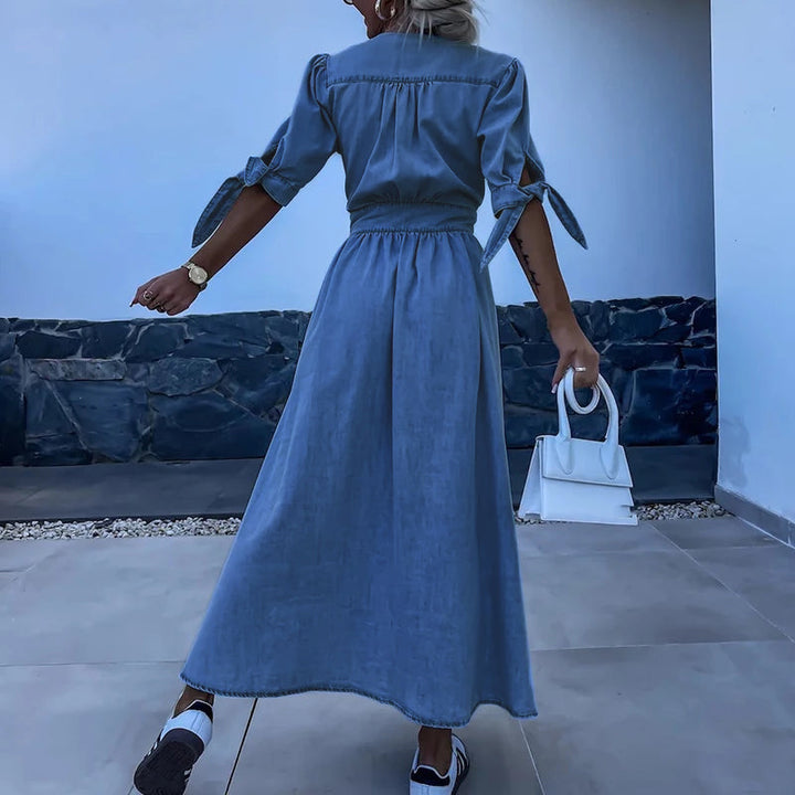 Claudia | Denim Maxi Dress with V Neck and Three Quarter Sleeves