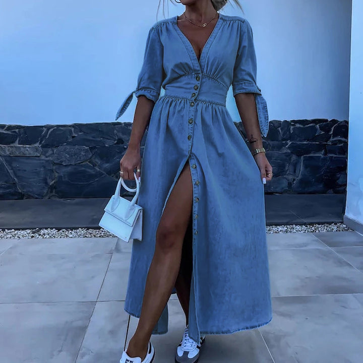 Claudia | Denim Maxi Dress with V Neck and Three Quarter Sleeves