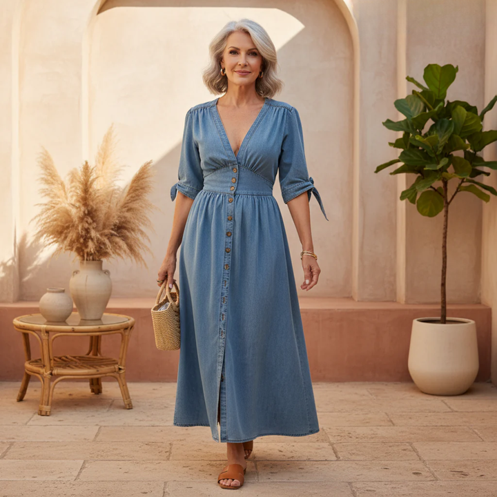 Claudia | Denim Maxi Dress with V Neck and Three Quarter Sleeves