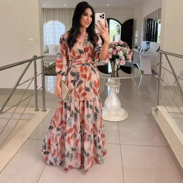 Claudia | Floral Maxi Dress with Wrap Bodice and Three Quarter Sleeves