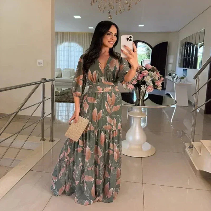 Claudia | Floral Maxi Dress with Wrap Bodice and Three Quarter Sleeves