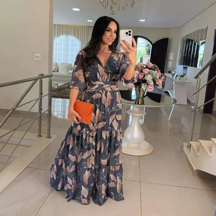 Claudia | Floral Maxi Dress with Wrap Bodice and Three Quarter Sleeves