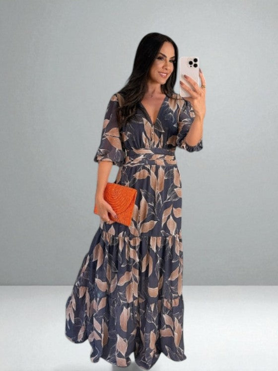 Claudia | Floral Maxi Dress with Wrap Bodice and Three Quarter Sleeves